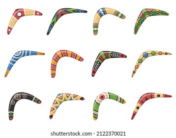 Traditional Wooden Boomerang Of Different Shapes Icons Set Isolated On White Background. Australian Native Hunting And Sport Weapon. Aboriginal Wooden Boomerangs. Vector Illustration