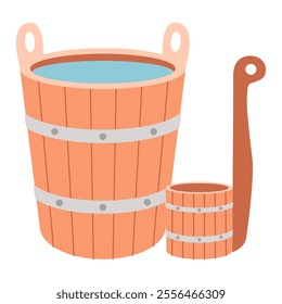 Traditional wooden bucket with water and ladle, essential for sauna and bath rituals.