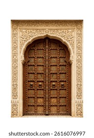 Traditional Wooden Door with ornate carvings and arched stone frame.