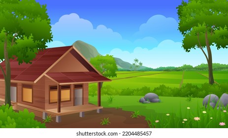 Traditional wooden house with beautiful paddy rice field, trees and mountain landscape vector illustration