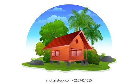 Traditional wooden house cartoon illustration with green grass and trees