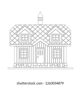 Traditional wooden house with a residential attic. The roof is covered with multicolored tiles. Vector illustration of white silhouette.