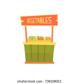 Traditional wooden kiosk with vegetables, fixed market stall for external usage cartoon vector Illustration