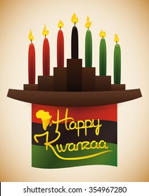 Traditional wooden Kwanzaa kinara with traditional candles and greeting message.