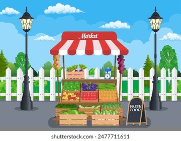 Traditional wooden market food stall full of vegetables products , crates and chalk board. Vector illustration in flat style