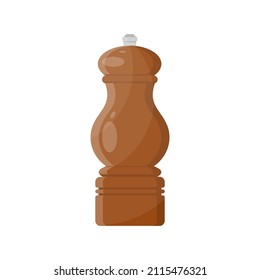 Traditional wooden pepper pot for salt and condiments mill vector flat illustration. Bottle container seasoning grinder cooking flavor spice food at home cafe restaurant isolated. Kitchenware utensil
