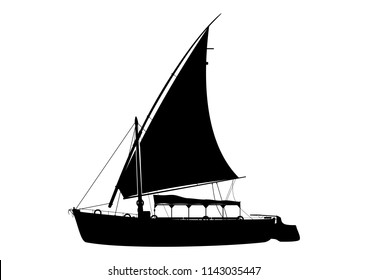 Traditional wooden sailing boat called felucca. Egyptian boat trip. Side view. Flat vector.