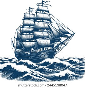 Traditional wooden sailing craft navigating through waves vector hatched rendition