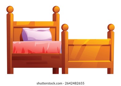 Tradicional cama de madeira simples com um cobertor rosa e travesseiro roxo, pronto para um descanso confortável. Ilustração de desenho animado vetorial