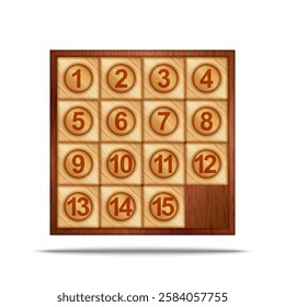 Traditional wooden sliding puzzle or 15 puzzle game realistic 3d vector with numbered tiles from one to fifteen, emphasizing problem solving, logical thinking.