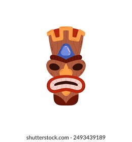 Traditional wooden Tiki mask with a blue gem on the forehead. The vector illustration features bold colors and intricate details, perfect for cultural or tropical themes.