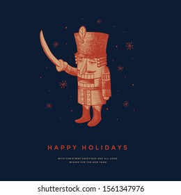 Traditional wooden toy nutcracker soldier with a saber. Christmas holiday decor. New Year greeting card design. Vector seasonal illustration in retro style.