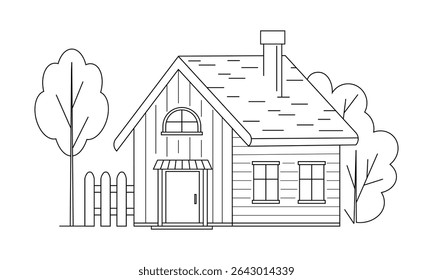 Traditional wooden village house with a pitched roof, chimney, front porch, trees and fence. Ideal for design, coloring books, and architectural concept.
