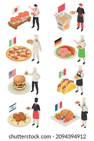 Traditional world cuisine isometric set of usa burger japanese sushi mexican tacos italian pizza chinese noodle french croissant german sausages isolated vector illustration