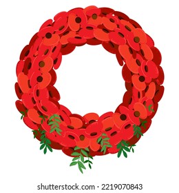 A traditional wreath of red flowers for Remembrance Day (also known as Poppy Day) in memory of military personnel who died in the line of duty. Vector illustration in a flat style on white background.
