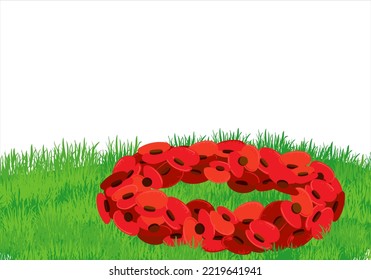 A traditional wreath of red flowers for Remembrance Day (also known as Poppy Day) lies on green grass. A symbol of memory and respect. Vector illustration in a flat style on a white background.