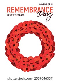 Coroa tradicional de flores vermelhas para o Dia da Lembrança em 11 de novembro no Reino Unido. Poppy Day em memória dos militares que morreram no cumprimento do dever. Ilustração vetorial em estilo plano sobre fundo branco.