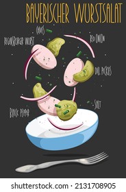 Traditional Wurstsalat salad with regensburger wurst, dill pickles and onion. Vector illustration