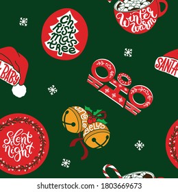 Traditional xmas attributes decorative vector seamless pattern. Winter season symbols. Xmas winter poster collection. Colorful cute christmas elements seamless pattern