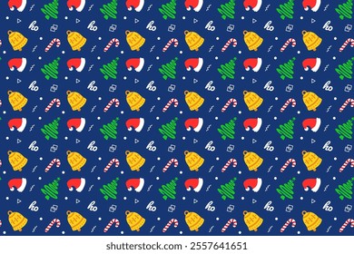 Traditional xmas attributes, santa hat, christmas trees, candy canes, iconic bell. Christmas seamless pattern, wallpaper, wrapping paper, fabric.