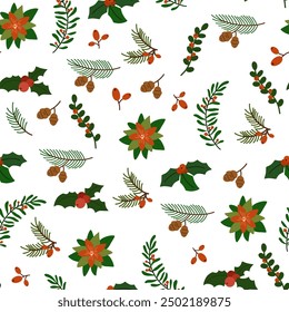 Traditional Xmas plants flat vector seamless pattern. Mistletoe, poinsettia, winterberry on white background. Christmas flowers, branches, berries backdrop. Wallpaper, textile, wrapping paper design.