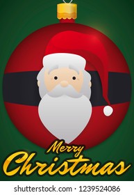 Traditional Xmas tree ball with cute Santa Claus design and golden greeting sign.