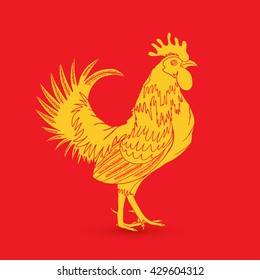 Traditional yellow gold rooster on red background as zodiac symbol for Chinese New year 2017. Hand drawing cock design element for Chinese New year cards. Chinese Year of the Rooster zodiac emblem.