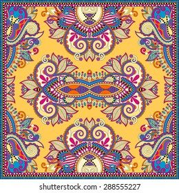 Traditional yellow ornamental floral paisley bandanna. Square ornament. You can use this pattern in the design of carpet, shawl, pillow, cushion, vector illustration