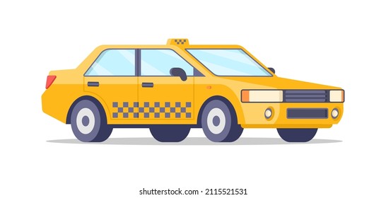 Traditional yellow ornamental taxi car isometric vector illustration. Commercial passenger transportation service automobile isolated on white. City travel cab vehicle with wheels, windows, checker