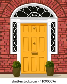 Traditional yellow-painted front door with  letterbox and door-knocker.
Decorative planters standing on the entrance steps. Vector illustration.