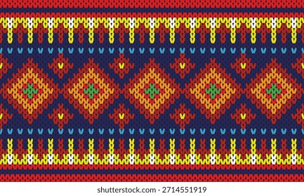 Um padrão de malha de inspiração tradicional com formas de diamante e bordas decorativas coloridas.