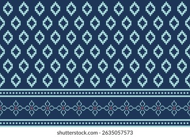 Traditional-inspired pixel art pattern with geometric motifs in navy and light blue, perfect for textiles, backgrounds, or digital design.