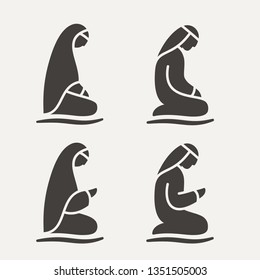 Traditionally clothed Muslim Arab man and woman making a supplication (Salah) versions in different poses. Line style vector illustration set.
