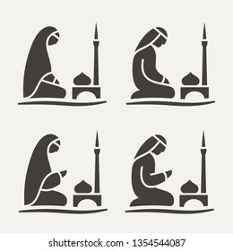Traditionally clothed Muslim Arab man and woman making a supplication (Salah) while sitting on a praying rug against the backdrop of the mosque. Silhouette icon set in different poses