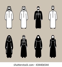 Traditionally clothed muslim arab man and woman silhouette icon set, vector illustration