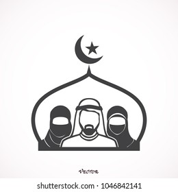 Traditionally clothed muslim man  the backdrop of the mosque. Silhouette icon.