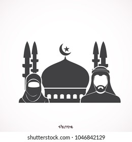 Traditionally clothed muslim man and woman  the backdrop of the mosque. Silhouette icon.