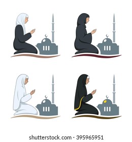 Traditionell bekleidete muslimische Mann und Frau, die eine Verlobung (Salah) während sie auf einem betenden Teppich vor dem Hintergrund der Moschee. Silhouette Icon Set enthält 4 Versionen in verschiedenen Kleidern.
