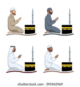 Traditionally clothed muslim man and woman making a supplication (salah) while sitting on a praying rug against the backdrop of the mosque. Silhouette icon set includes 4 versions in different dress.

