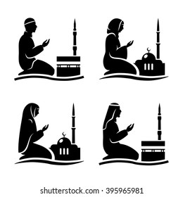 Traditionally clothed muslim man and woman making a supplication (salah) while sitting on a praying rug against the backdrop of the mosque. Silhouette icon set includes 4 versions in different dress.
