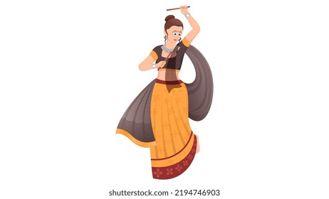 Traditionally dressed girl with dandiya sticks, garba girl vector, Happy navratri.