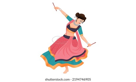 Traditionally dressed girl with dandiya sticks, garba girl vector, Happy navratri.