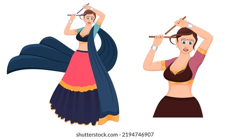 Traditionally dressed girl with dandiya sticks, garba girl vector, Happy navratri.