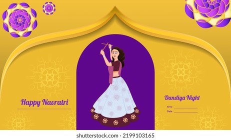 Traditionally dressed girl vector, creative dandiya banner vector, Happy Navratri.