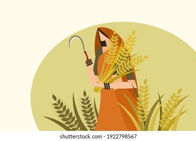 Traditionally dressed Indian woman holding harvested wheat and sickle in her hand