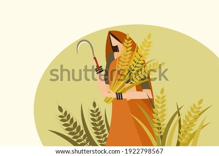 Traditionally dressed Indian woman holding harvested wheat and sickle in her hand Foto stock © 