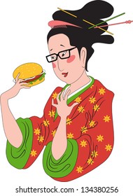 Traditionally dressed Japanese lady in kimono and glasses eating a hamburger.