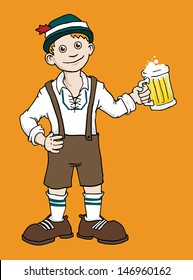 Traditionally dressed Man with mug of beer on a Oktoberfest festival, vector illustration 