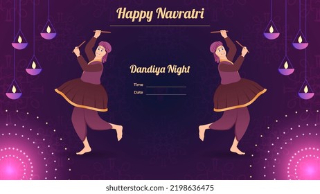 traditionally dressed men with dandiya stick, Happy Navratri banner vector.