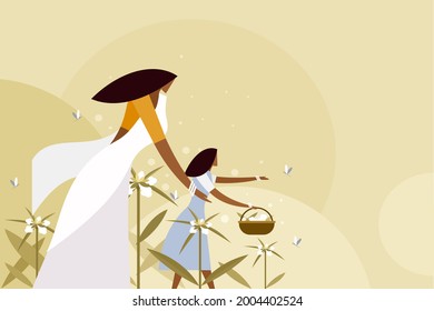 Traditionally dressed mother and daughter collecting flowers from outdoor. Concept of Onam festival in Kerala